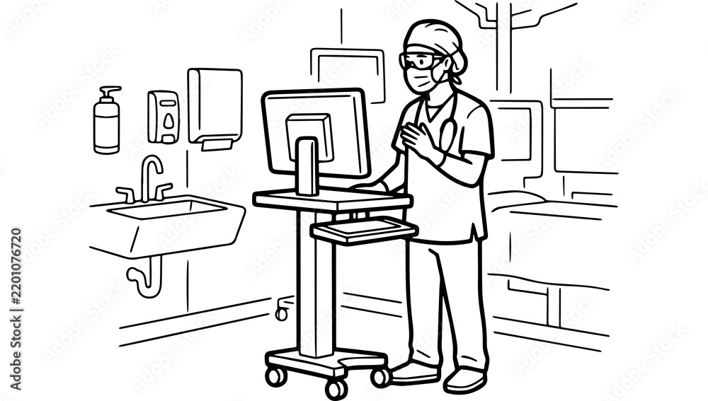 Fototapeta premium A medical professional wearing scrubs and a mask working on a computer at a mobile workstation in a hospital room, A black and white line drawing depicting a healthcare worker in scrubs, a surgical ma