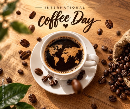 A steaming cup of coffee with a world map design during International Coffee Day celebration with roasted beans scattered around