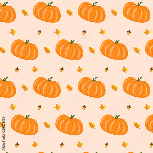 Cute Pumpkin Seamless Pattern with Autumn Leaves