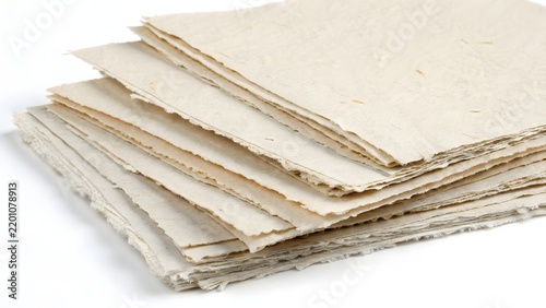 Handmade paper sheets featuring textured beige fibers and rough deckle edges are stacked neatly on a clean surface.