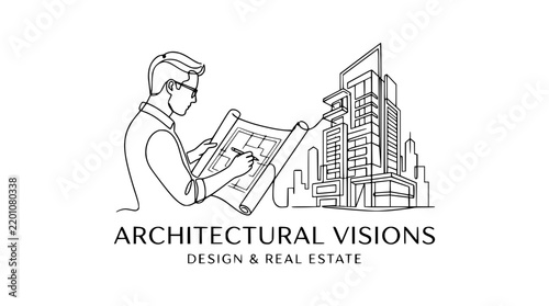 Minimalist line art logo of architect designing modern skyscraper blueprint
