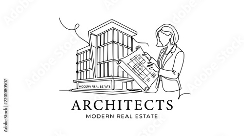 Minimalist line art logo of female architect with building blueprint
