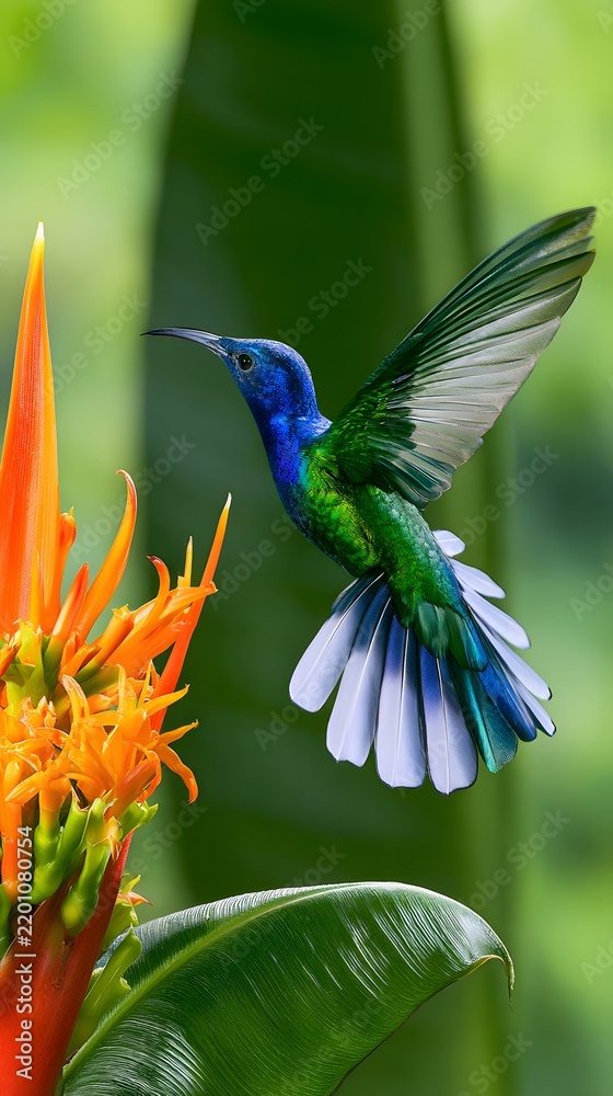 Obraz premium Colorful hummingbird hovering near orange tropical flower bloom