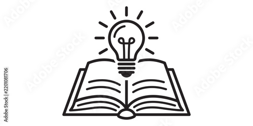 Open book with glowing light bulb icon isolated on white background