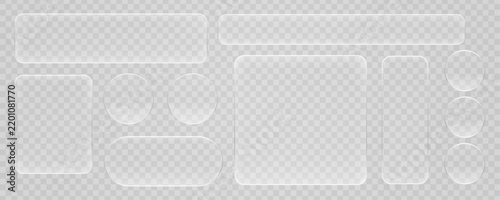Modern transparent frame with 3d glass button shapes for ui design and morphism style. Glossy interface elements highlight smooth button concept and glass morphism aesthetics.