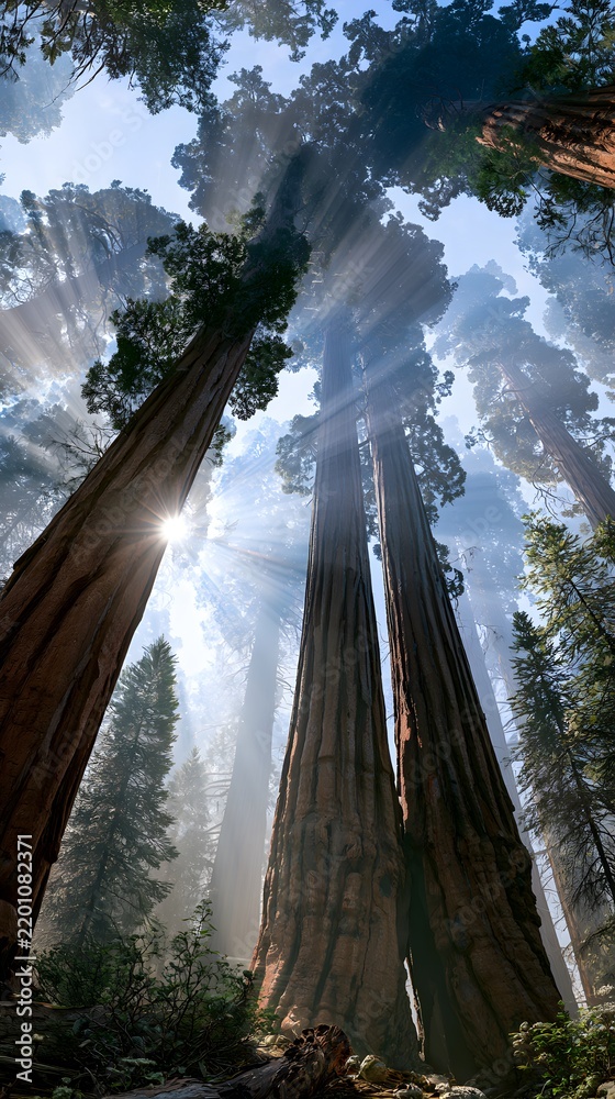 Obraz premium Towering red sequoia trees in misty forest with sun rays