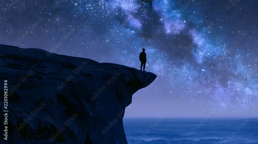 Fototapeta premium Silhouette of person standing on ocean cliff under starry night sky