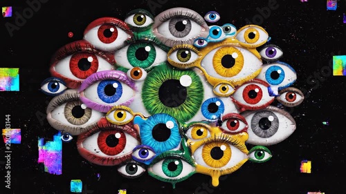Human Eyes in Abstract Formation with Digital Glitch Effects in Dark Studio Lighting
