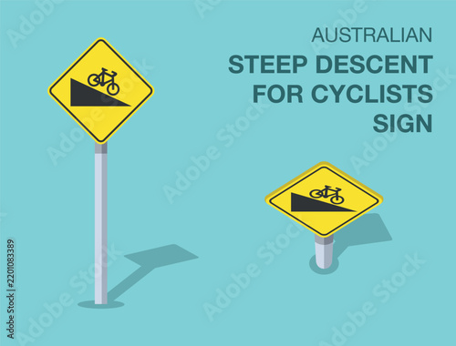 Isolated australian steep descent warning sign for cyclists, featuring a bicycle symbol on a yellow diamond-shaped road sign. Flat vector illustration of bicycle road signage. Front and top-down view.