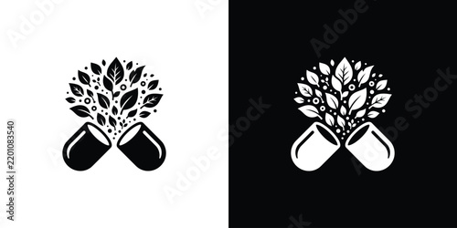Natural Herbal Medicine Capsule Logo with Bursting Green Leaves