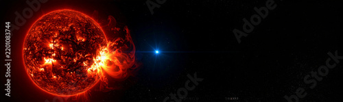 Massive solar flare exploding from red giant star with distant blue sun in outer space for astronomy education campaign, scientific research presentation, sci-fi background and digital content.
