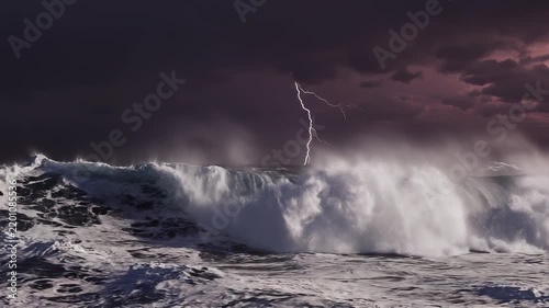 Massive ocean wave breaking during a dramatic thunderstorm with lightning strikes illuminating the turbulent sea surface