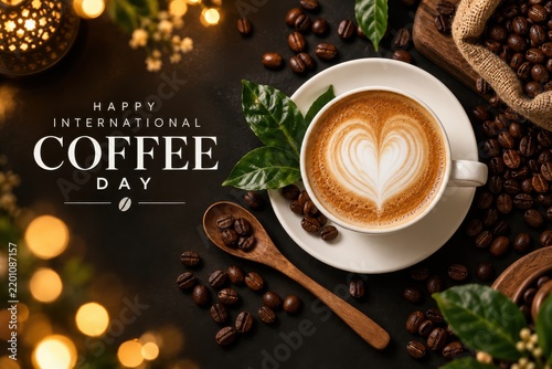 A warm latte with heart art during International Coffee Day celebration with scattered beans and bokeh lights