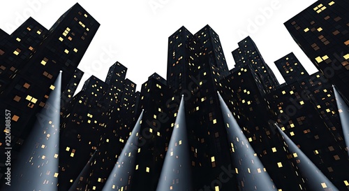 Abstract Cityscape with Spotlights and Glowing Windows.