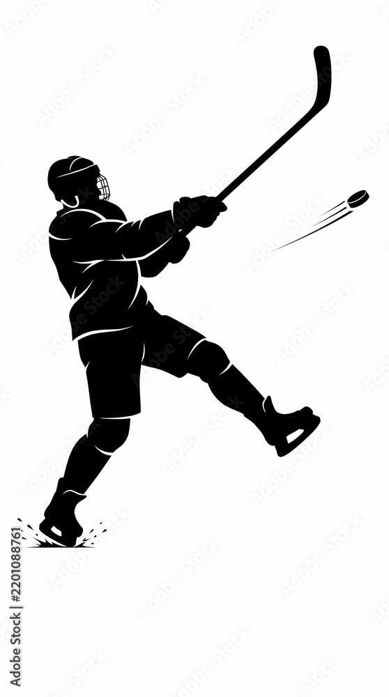 Fototapeta premium Silhouette of an ice hockey player taking a powerful slap shot.