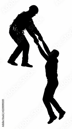 Silhouette of a person reaching out to pull another person up to safety.