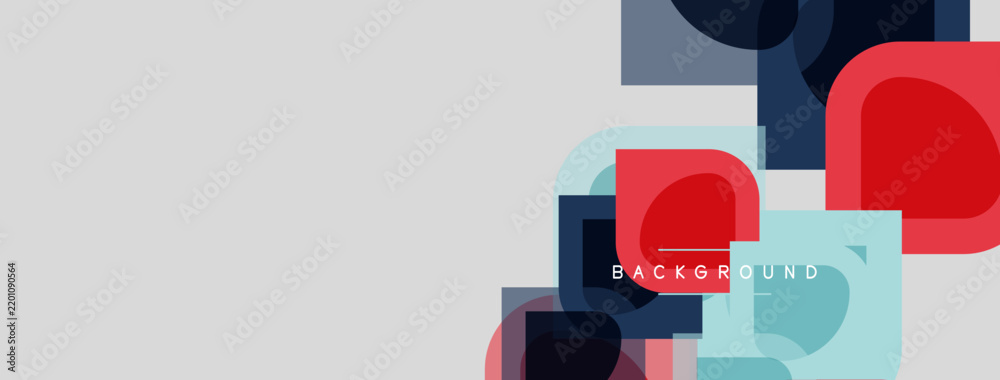 Obraz premium Abstract geometric shapes overlap, creating modern design. Colors include red, blue, teal, gray. Minimalist aesthetic, clean lines present.
