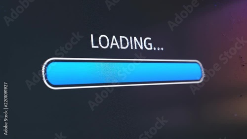 Progress bar animation fills with blue light during digital loading sequence on abstract background