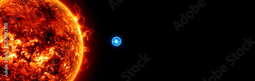 Glowing red giant star with solar flare and distant blue sun in deep space for astronomy research, astrophysics campaign, science education, sci-fi background, digital content and space exploration.