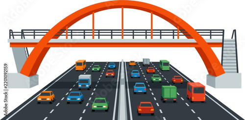 Flat Vector Illustration of Busy Highway Traffic with Arch Bridge