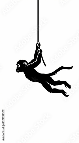 A minimalist black silhouette of a monkey swinging from a vertical rope.