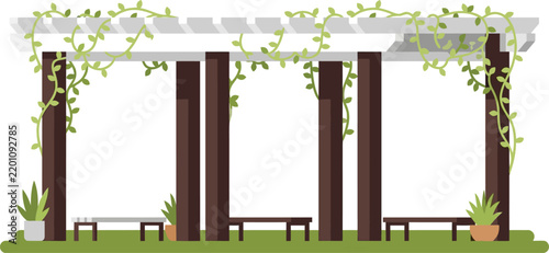 Minimalist flat illustration of a garden pergola with green vines