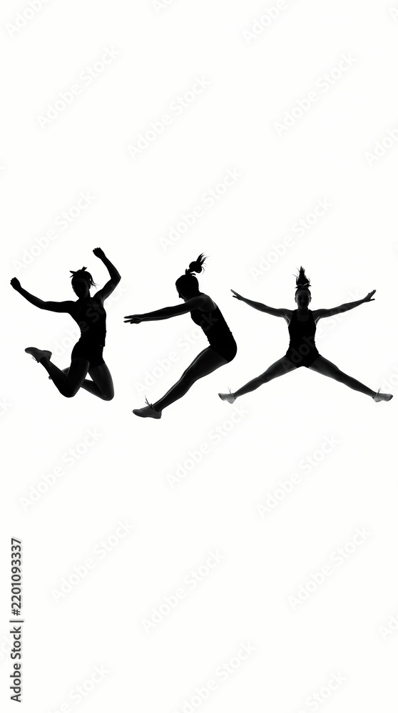 Fototapeta premium Three black silhouettes of people jumping in dynamic poses against a white background.
