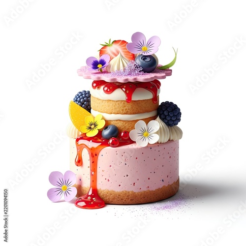 Exquisite Mini Layer Cake Adorned with Fresh Berries and Edible Flowers.