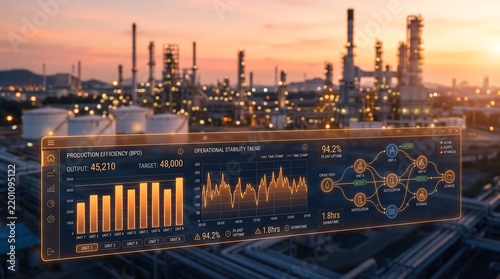 Digital data dashboard displaying industrial production metrics over a petrochemical refinery at sunset