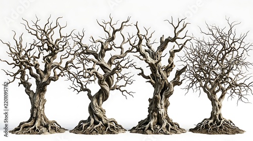 Dead trees 3D render, spooky bare branches against white background