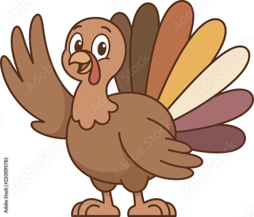 Cute Cartoon Turkey Greeting with Raised Wing Funny Thanksgiving Bird Character Vector Illustration Isolated on White Background
