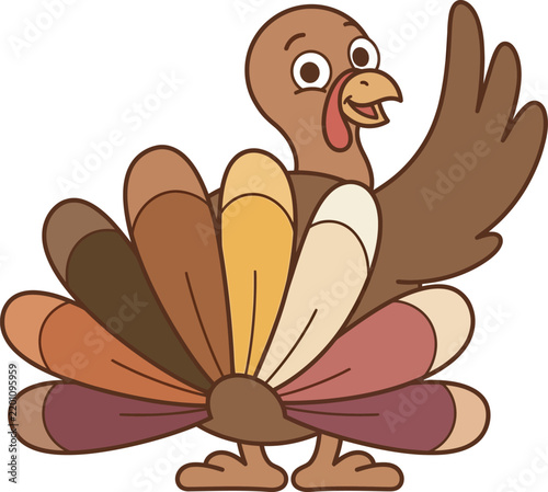 Cute Turkey Waving Hello Cartoon Bird Character with Colorful Tail Feathers Isolated Vector Illustration on White Background
