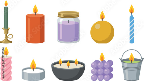 фотографія Vector illustration set of decorative scented candles including jar candle teali