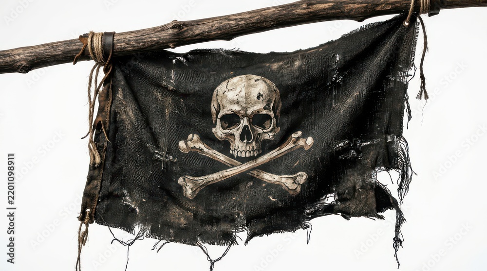 Fototapeta premium Old weathered pirate flag with skull and crossbones hanging on a wooden stick