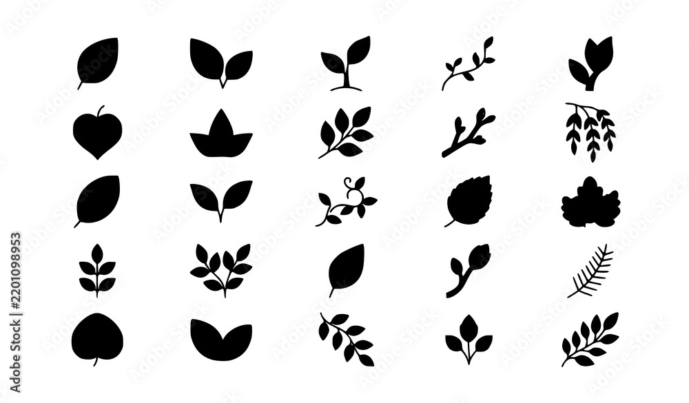 Obraz premium Minimalist Leaf Silhouette Collection Featuring Various Botanical Shapes Branches and Foliage Elements for Organic Branding and Eco Friendly Graphic Web Designs