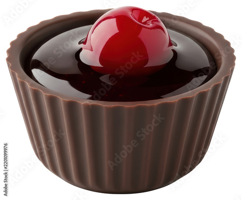Chocolate cup candy filled with liquid cherry liqueur on a transparent background