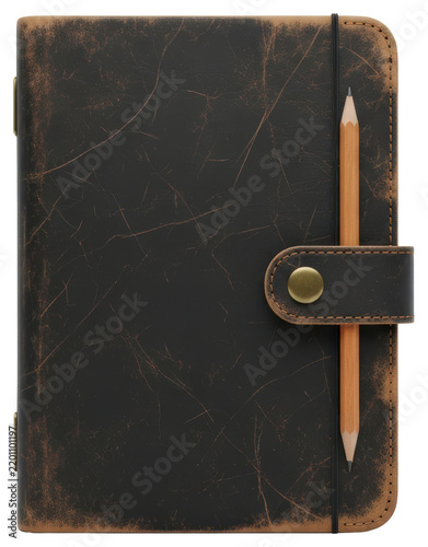 Vintage leather journal with wooden pencil isolated on transparent