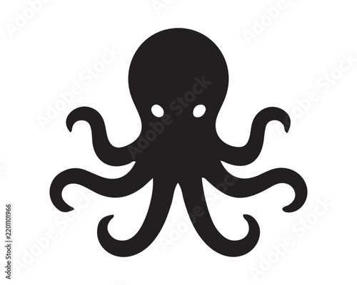 Minimalist black silhouette icon of an octopus with tentacles marine animal sea creature ocean life vector illustr