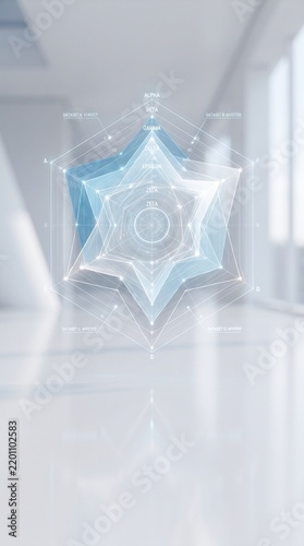 3D holographic radar spider chart visualizing multi-dimensional dataset analytics in clean modern corporate interior for business intelligence concepts