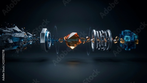 A complex mechanical assembly featuring a shattered stone piece, a golden crystal, and a blue cube, connected by light beams on a dark background
