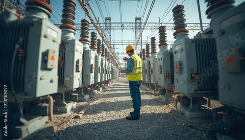 Electrical Engineer Inspecting High-Voltage Circuit Breakers in Power Substation
