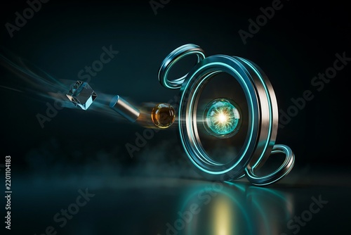 A metallic ring structure with a glowing blue core and floating including a glass cube and a cylinder in a dark environment