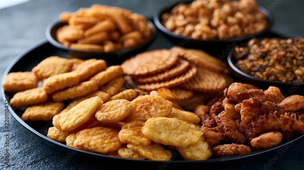 Fototapeta premium A variety of golden brown fried snacks arranged on a black plate with small bowls of assorted crunchy treats