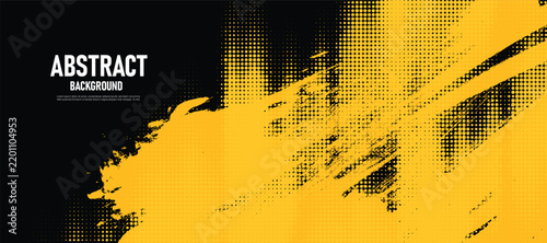 Abstract black and yellow background with brush strokes and dots.
