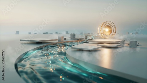 Abstract 3d composition featuring a glowing golden sphere, white platforms, and a flowing water stream on a soft light gray background