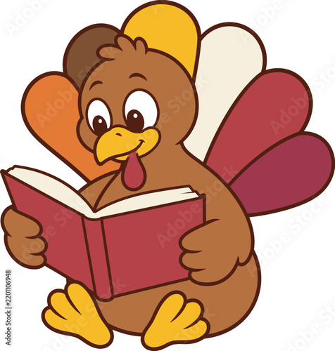 Adorable Cartoon Turkey Reading an Open Book Friendly Thanksgiving Bird Character Vector Illustration Isolated on White Background for Education and Kids