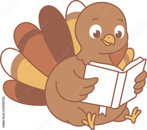 Happy Cartoon Turkey Studying a Book Cute Thanksgiving Bird Character Vector Illustration Isolated on White Background for Kids Education Learning and School