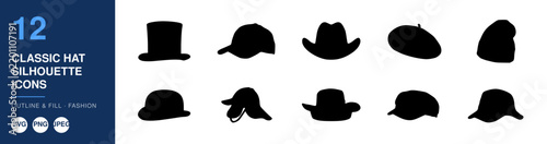 Classic Hat Silhouettes Icons Set, Outline and Fill Styles, Fashion Design Elements, Vector Illustration
