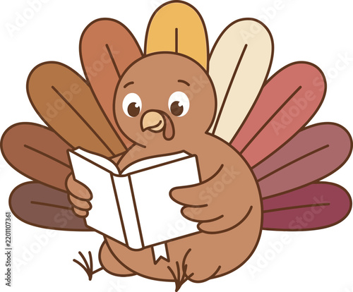 Cute Turkey Reading Book Cartoon Character Illustration with Colorful Feathers Funny Thanksgiving Farm Bird Vector Design Isolated on White Background