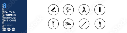 Beauty Grooming Line Icons Set, Minimalist Design, Beauty Tools Illustration Featuring Hair, Styling